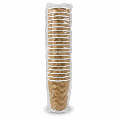 A tall stack of BioFlex 12oz Brown Ripple Coffee Cups is wrapped in clear plastic packaging, standing upright against a plain white background.